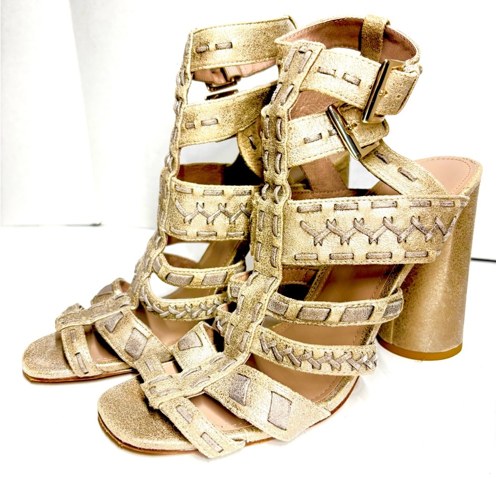 Donald Pliner Bindy Leather Caged Gladiator Strappy Heels Sz 10 Metallic Golden